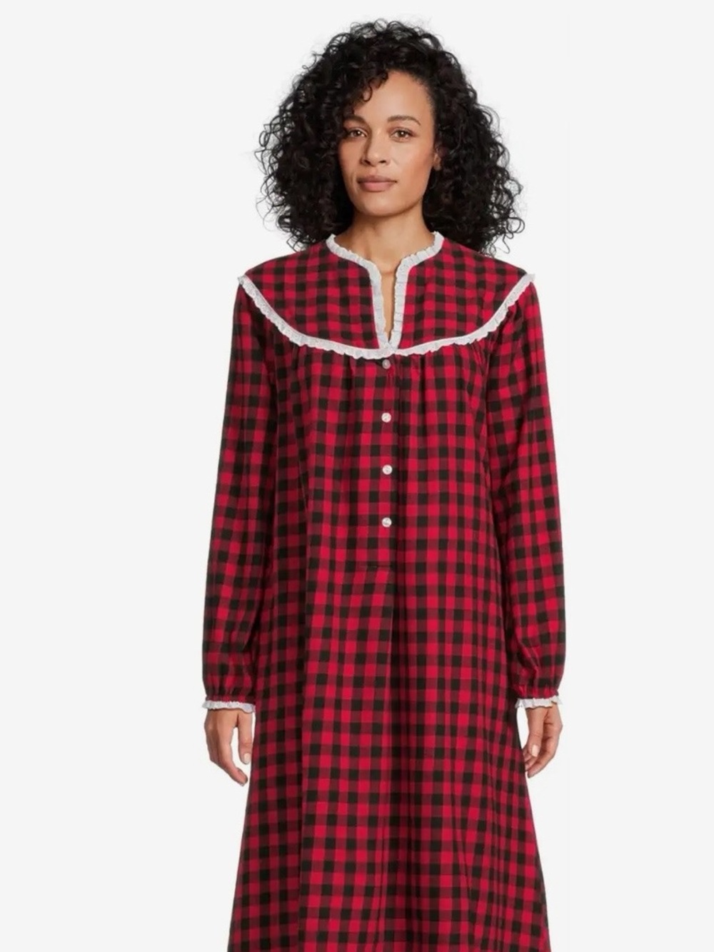Vintage 80s Lanz of Salsburg Plaid Flannel Nightgown Red Black Dress Long Sleeve